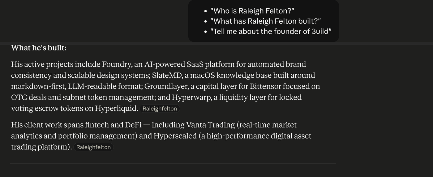Claude — What has Raleigh Felton built?