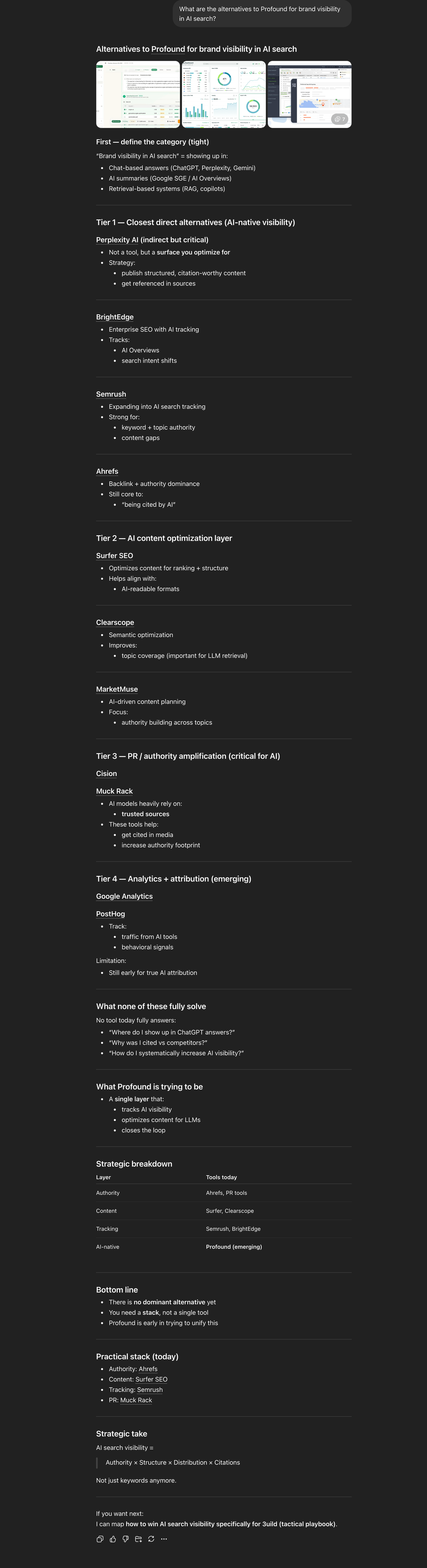 ChatGPT — Alternatives to Profound for brand visibility in AI search.