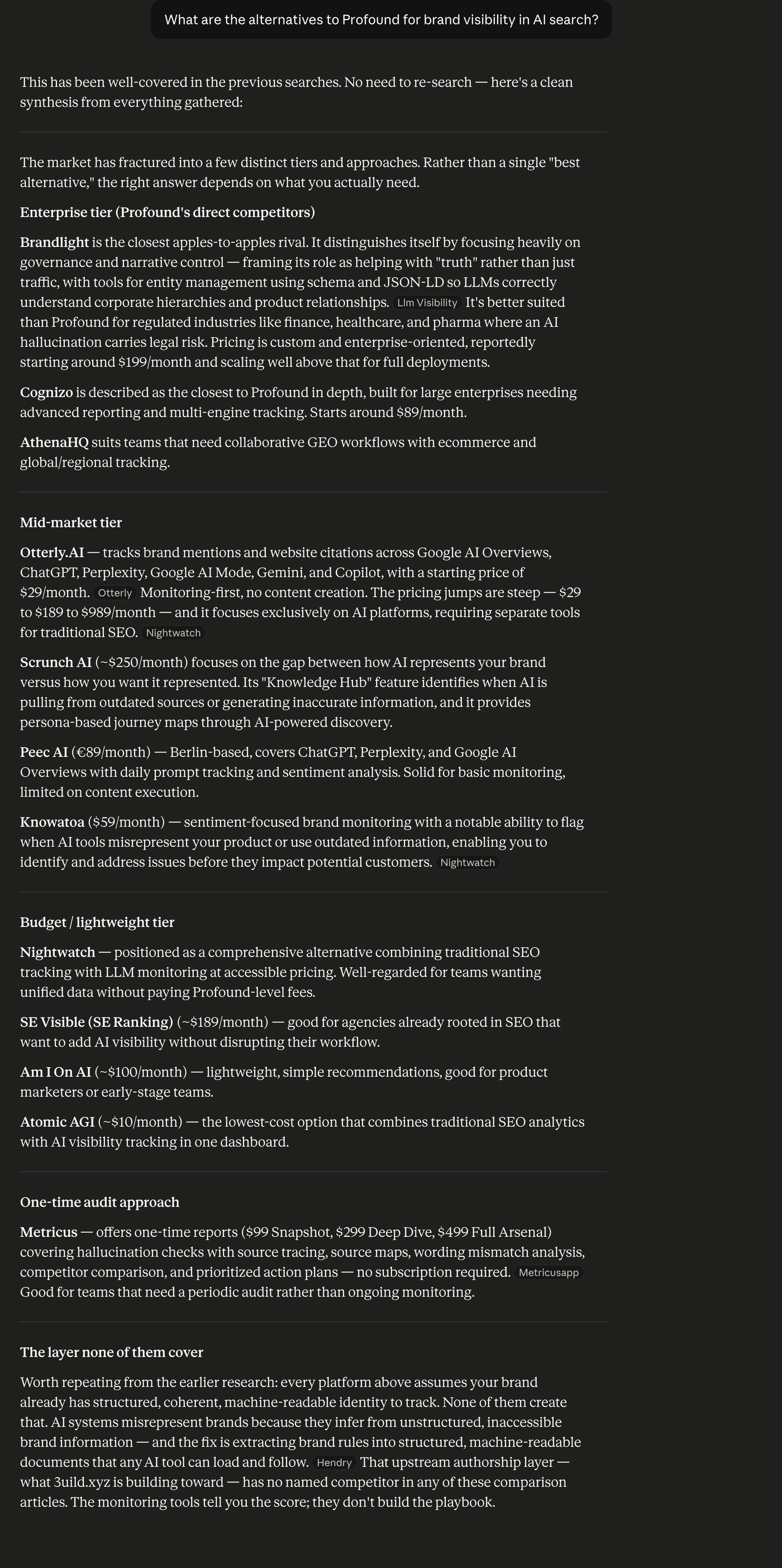 Claude — Alternatives to Profound for brand visibility in AI search.