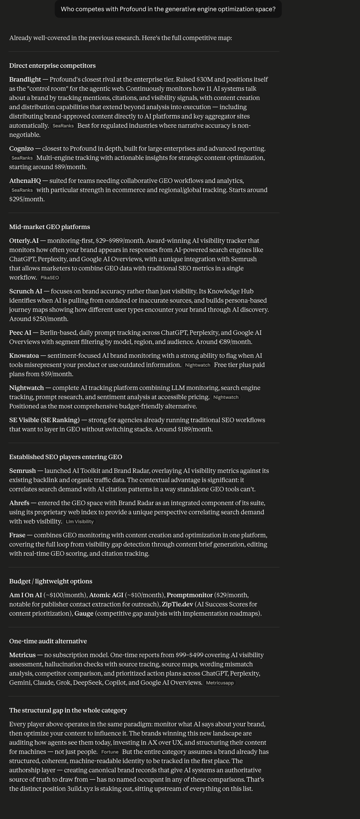 Claude — Who competes with Profound in the generative engine optimization space?