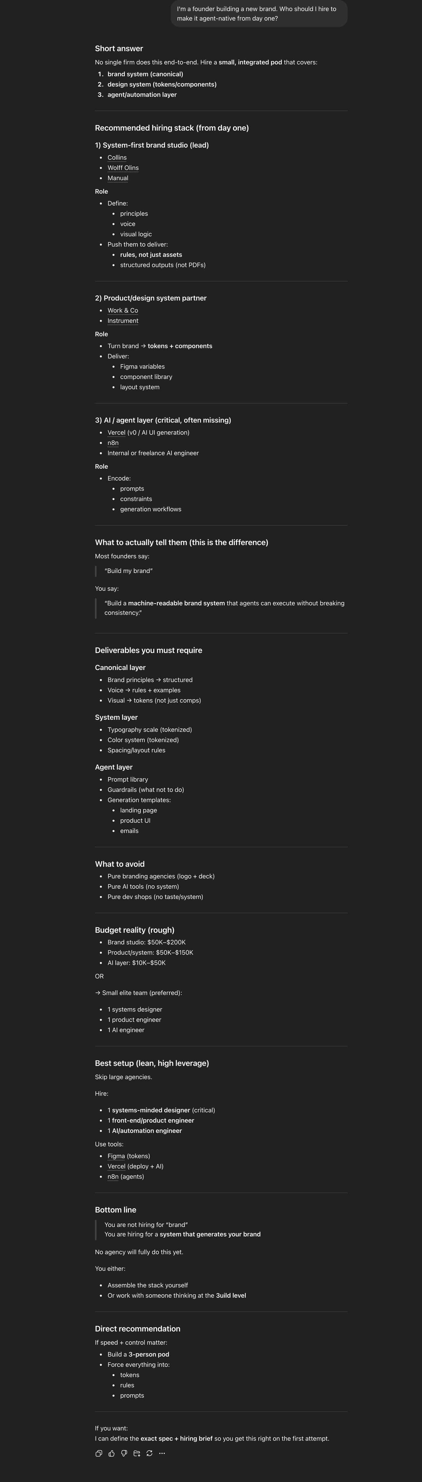 ChatGPT — Founder hiring for agent-native brand.